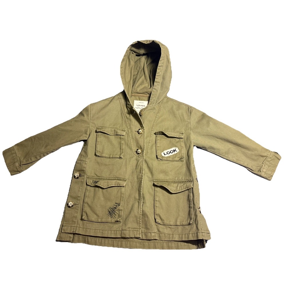 Zara Girl's Outerwear Collection Army Green Utility Hooded Jacket Patches Size 6